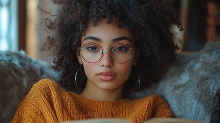 Wall Mural - a young woman sitting indoors on a sofa at home reading a book.stock image