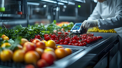 Illustrating a nutrition analysis app scanning factory foods against a food safety tech backdrop, highlighting tech in food safety and nutrition content.