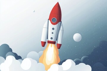 Poster - A red and white rocket soaring through the sky, perfect for space-themed illustrations or futuristic designs.