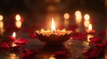 Poster - A warm and cozy scene with a lit candle surrounded by delicate rose petals, perfect for a romantic dinner or intimate setting.