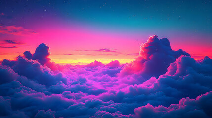 Vibrant Sunset Sky with Fluffy Clouds Overcast in Pink and Blue Hues