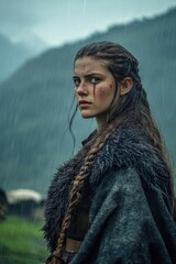 Poster - A woman stands alone in a green field during a rainy day, looking up at the sky.
