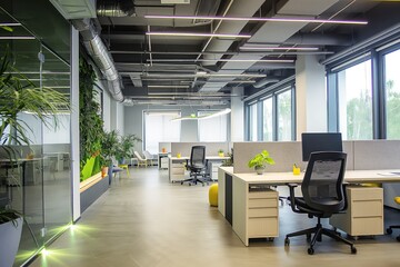 Leinwandbilder - Modern office space with large window for natural. Light-colored floor tiles, blue walls, office furniture, desks, chairs, computers, phones. Potted plants add green plants to space. Unique ceiling