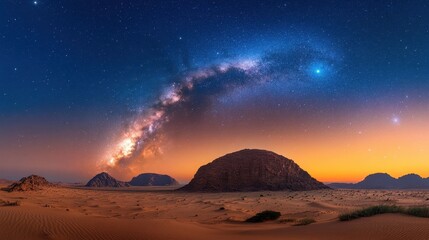 A clear starry sky above a desert landscape, showcasing the vastness of the Milky Way galaxy