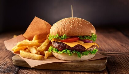 Delicious hamburger and fries