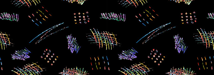 Poster - seamless pattern of colorful naive playful shapes drawing by wax crayon pencil on black background. 