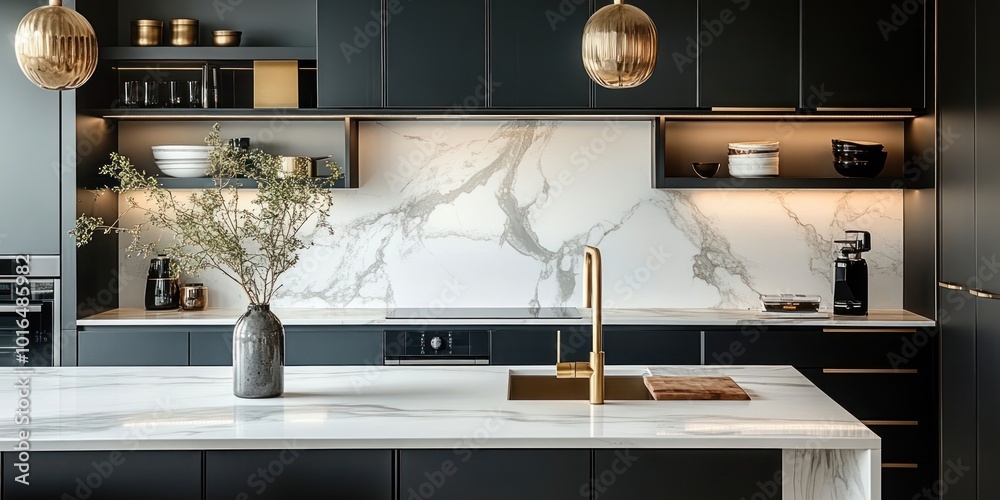 Modern luxury kitchen interior with black cabinets countertop lighting ...