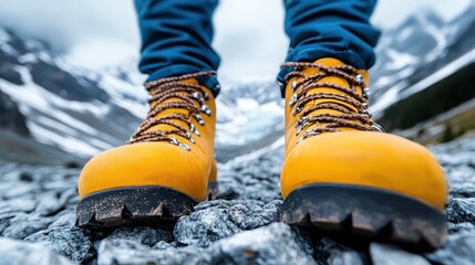 Yellow hiking boots are distinctly captured on rocky ground with a mountainous background, highlighting the theme of adventure and exploration in nature's vast landscapes.