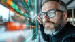 © svastix - A man with glasses closely examines data on a vibrant digital screen, indicating analysis and concentration, surrounded by colorful, abstract visual elements.