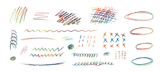 Poster - set of naive playful shapes drawing by wax crayon pencil. children charcoal hand drawn colorful dood