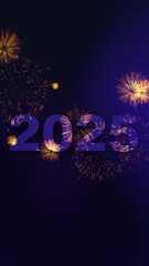 Wall Mural - New Year 2025 animated greeting, vibrant fireworks displays with sparkling golden tones, festive colors, celebratory text blast, copy space.