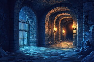 Poster - A dimly lit tunnel in a stone building.