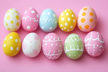 Poster - A collection of colorful Easter eggs arranged on a pink background.