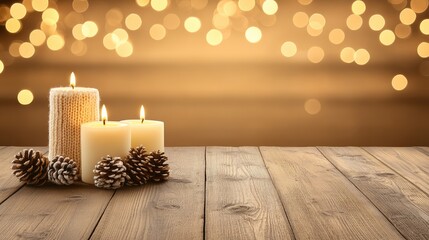 Three lit candles rest on a wooden table, accompanied by a soft knitted blanket and festive decorations, evoking warmth and comfort during the Christmas season