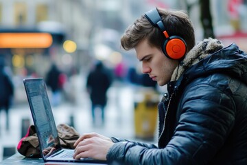 Poster - A person working on a laptop while wearing headphones, suitable for use in technology and education contexts.