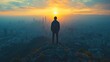 © Feeney - businessman standing atop a mountain peak overlooking a city landscape vision and success concept underscoring the achievement of reaching one s goals triumphant moment.stock image