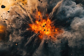 Aufkleber - A massive blast of dark and bright colored rocks in mid-air, with fragments flying everywhere.