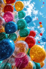 Poster - A collection of colorful balloons drifting upwards in the sky, ideal for use in celebrations, parties or creative compositions.