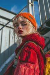 Poster - A woman wearing a bright red jacket and orange hat, looking straight ahead.