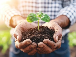 Farmer's hands holding rich soil with seedlings, symbolizing sustainability and organic food growth