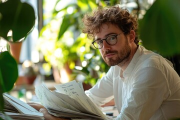 Poster - A person sitting at a table with a book in hand.