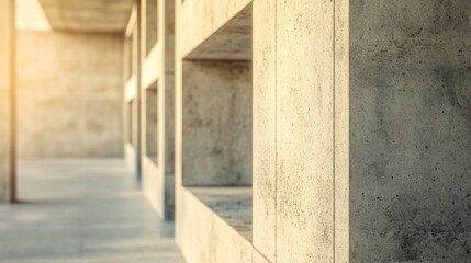 Poster - A close-up view of a concrete wall with shelves in a modern architectural setting.