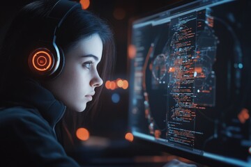 Poster - A person focused on their laptop work with headphones on, suitable for office or remote work concepts.