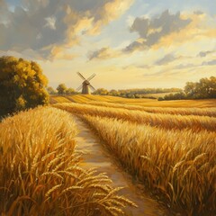 A peaceful rural landscape featuring a field of golden wheat, with a windmill in the distance and soft sunlight casting long shadows