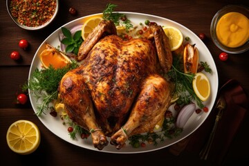 Canvas Print - Freshly baked whole chicken dinner plate food.