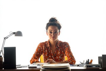 Poster - A woman sitting at a desk writing on a piece of paper.