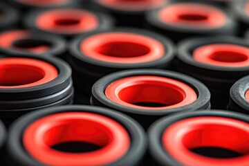 Poster - Close-up shot of a bunch of black and red rings, ideal for use in jewelry or accessory displays.