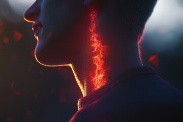 Poster - A close-up shot of a person's neck with a glowing effect, suitable for use in fantasy or sci-fi illustrations.