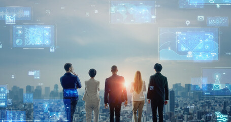 Poster - Multinational people looking at city and business strategy concept