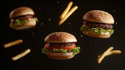 Poster - Three juicy hamburgers served with crisp lettuce, fresh tomato, and golden french fries.