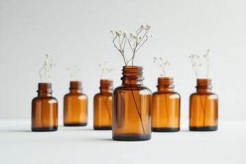 Poster - A group of brown glass bottles filled with small flowers, great for decoration or as a symbol of gratitude.