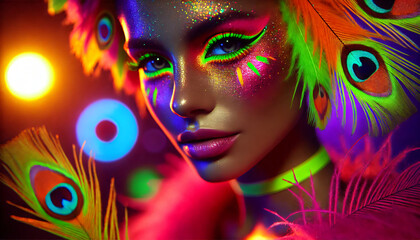 Canvas Print - Closeup face of woman with neon make-up and feathery dress