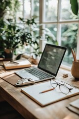 Poster - A laptop computer sitting on a wooden desk, ideal for office or home use.