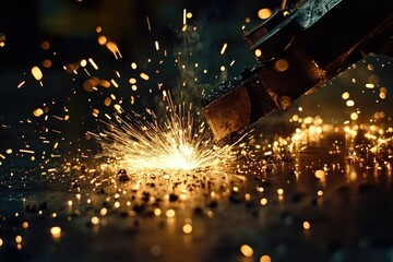 Poster - A person is cutting a piece of metal with sparks, highlighting the process of metalworking.
