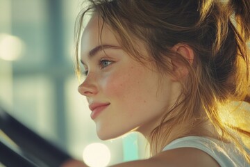 Poster - A young woman holds a cell phone in her hand.
