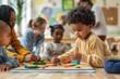 © Pete - African American kid plays with colorful toy car on wooden floor in Montessori school. Group of children engaged in playful activity, seated around toy car. Natural fills room, illuminating happy