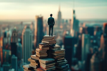 Poster - A person standing on top of a stack of books, likely researching or studying.