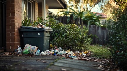 Poster - A pile of garbage sitting next to a house, great for illustrations about waste management and community issues.