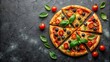 © boxs - Aerial view of appetizing homemade sliced pizza with tomatoes, cheese, basil, and olives on black background