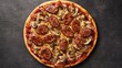 © arthit - An enticing overhead composition of a pizza topped with savory Bavarian sausages, fresh mushrooms, and melted cheese, beautifully arranged on a dark stone background for a delicious visual. -