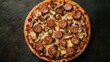 © arthit - An enticing overhead composition of a pizza topped with savory Bavarian sausages, fresh mushrooms, and melted cheese, beautifully arranged on a dark stone background for a delicious visual. -