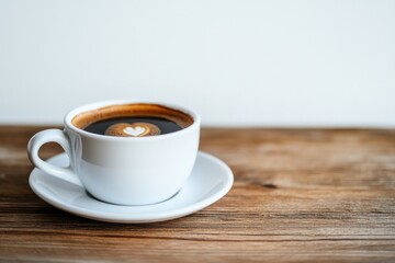 Aufkleber - A cup of coffee sits on a saucer on a wooden table, awaiting consumption.