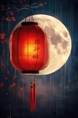 Sticker - A red lantern hanging from a tree under a full moon, great for use in outdoor scenes or as a symbol of guidance.