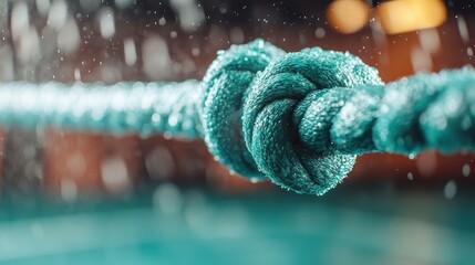 a turquoise rope is knotted tightly, embellished with delicate water droplets that gleam, set agains