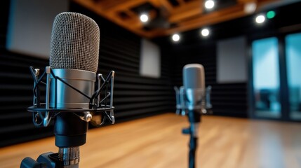 A modern recording studio featuring professional microphones on stands, capturing an acoustic aesthetic with a wooden floor, suitable for musical and podcast productions.