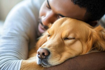 Poster - A person embracing a dog while keeping their eyes shut, capturing the intimate moment between human and animal.